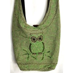 Venus Imports Cotton Green Embroidered Owl Purse Crossbody Shoulder Bag Satchel